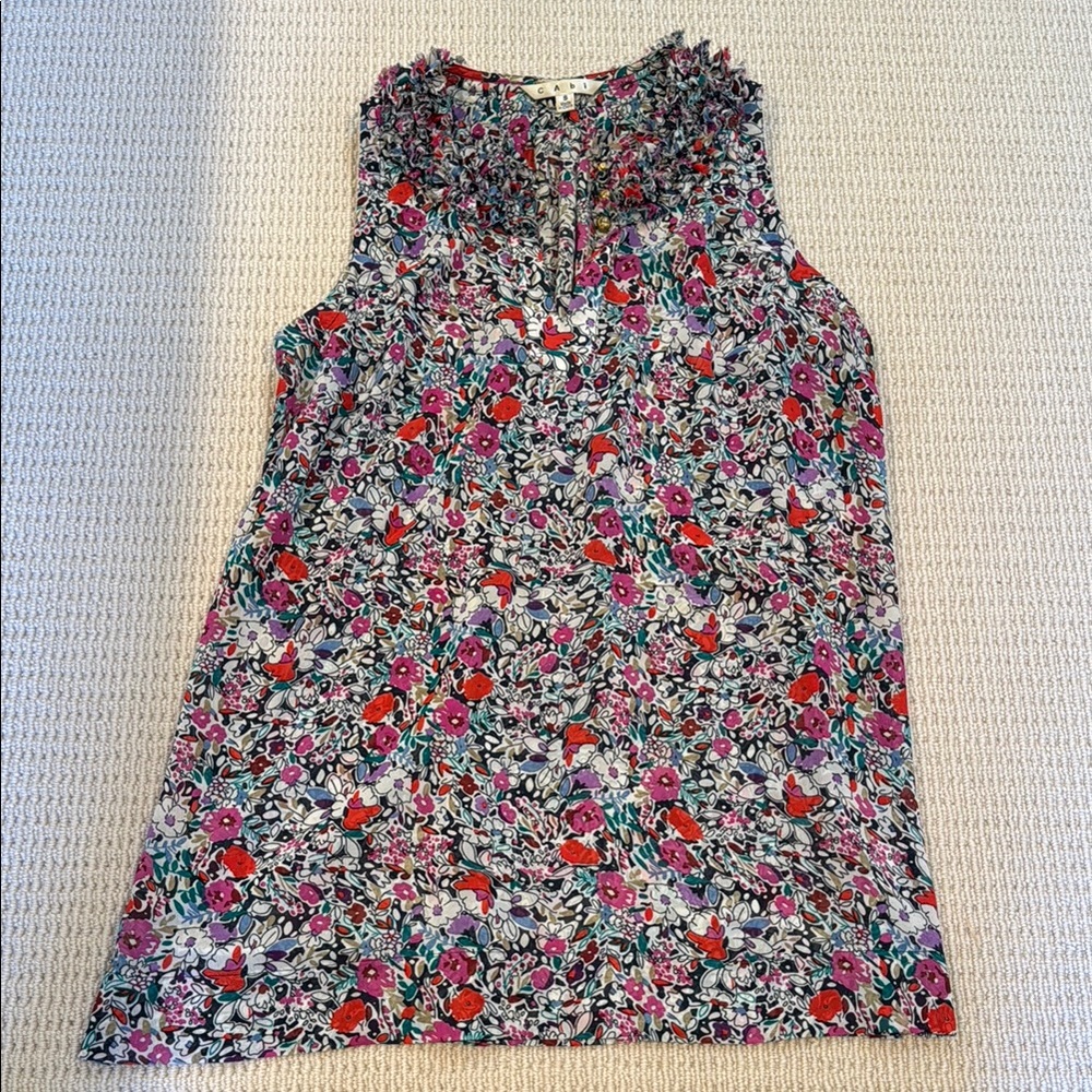 CAbi Pink and Red Ruffled Sleeveless Blouse
